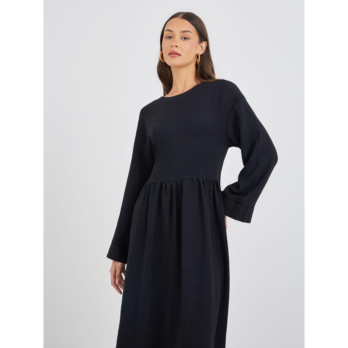 Styli Crinkled Long Sleeve A-Line Midi Dress with Pockets-women-clothing-dresses-image-3