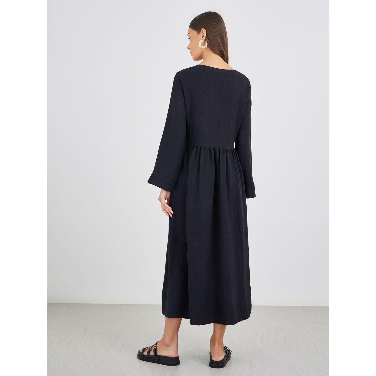 Styli Crinkled Long Sleeve A-Line Midi Dress with Pockets-women-clothing-dresses-image-5
