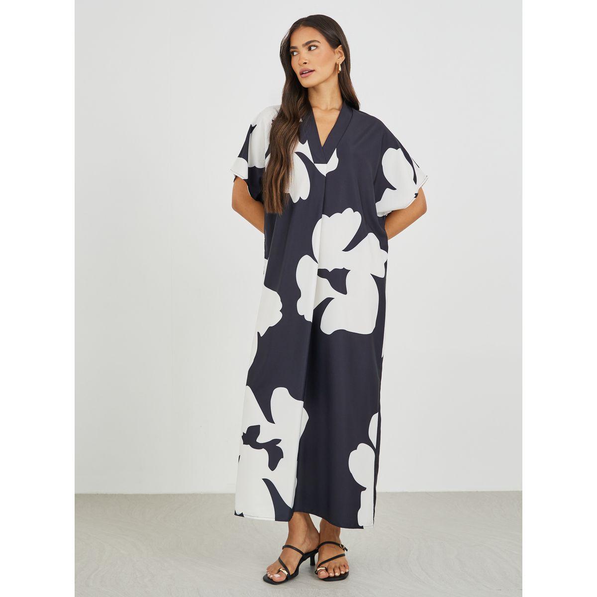 فستان طويل بطبعة زهور وأكمام خفاش-women-clothing-dresses-image-1