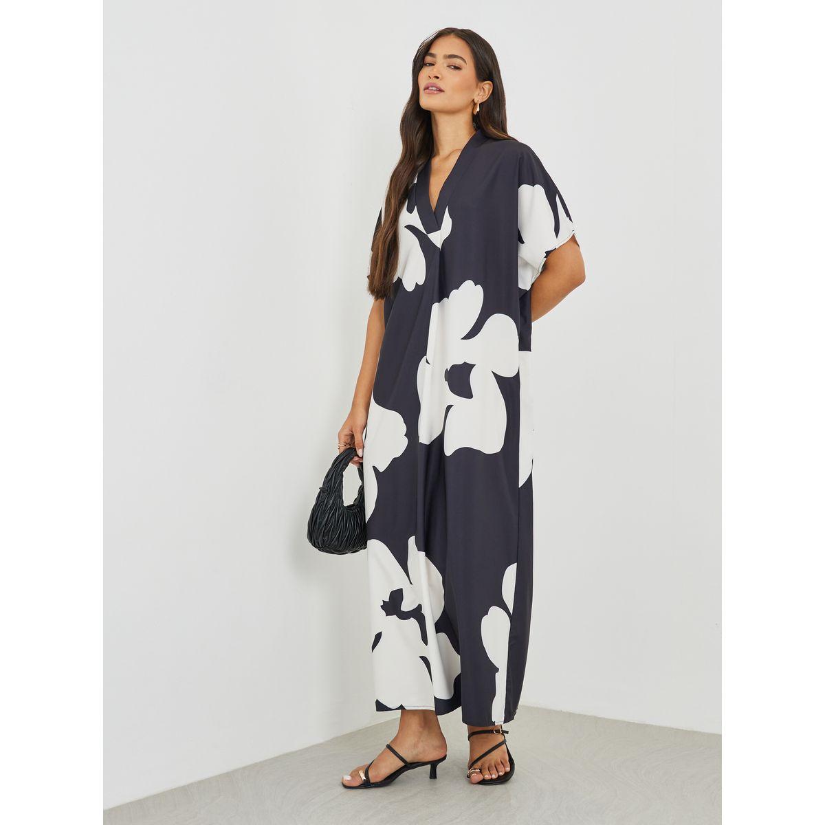 فستان طويل بطبعة زهور وأكمام خفاش-women-clothing-dresses-image-2