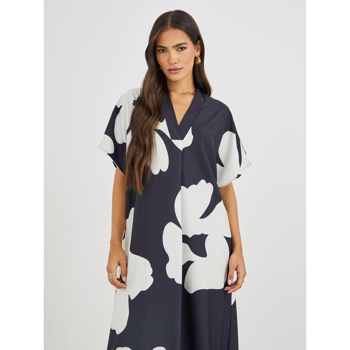 فستان طويل بطبعة زهور وأكمام خفاش-women-clothing-dresses-image-3