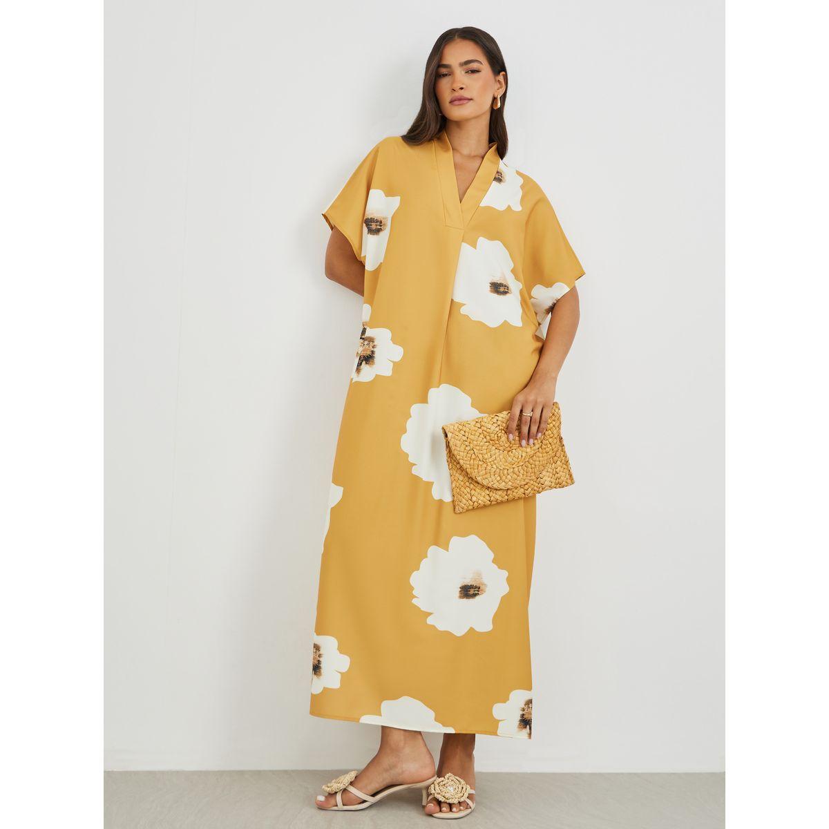 فستان طويل بطبعة زهور وأكمام خفاش-women-clothing-dresses-image-2