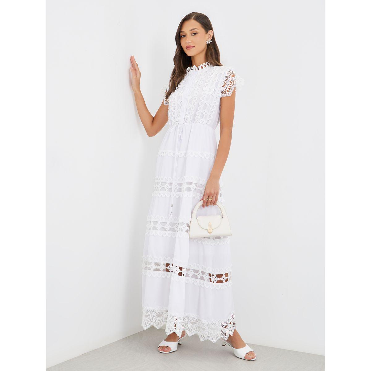 Styli Solid Lace Short Sleeves Tiered Maxi Dress with Tie Detail-women-clothing-dresses-image-1