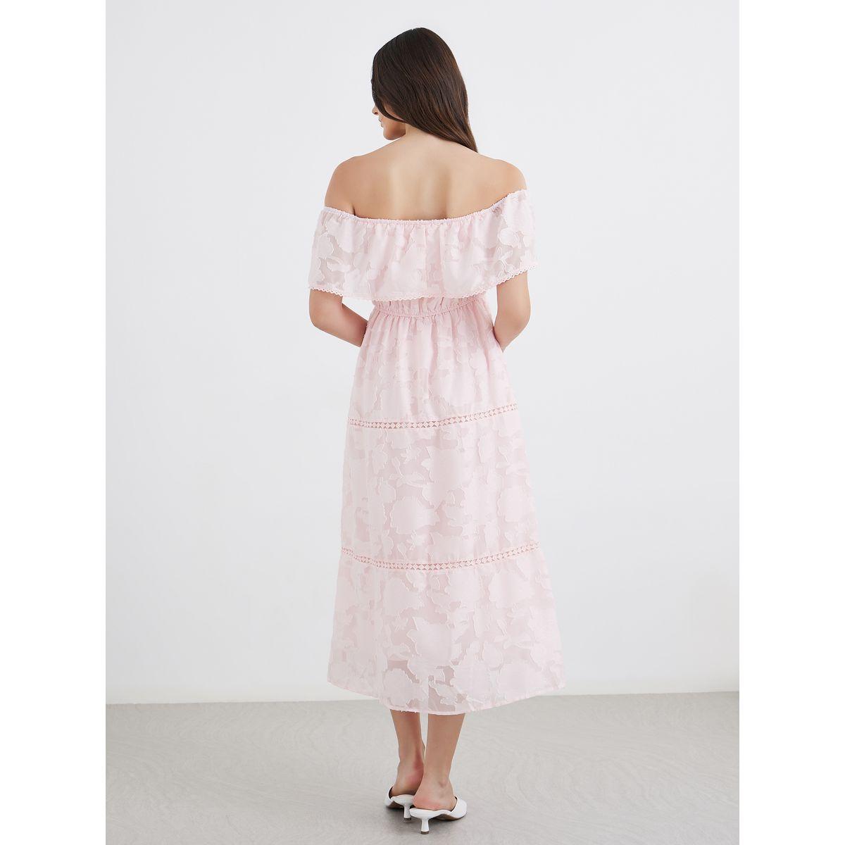 فستان ميدي بأكتاف مكشوفة مع تفاصيل كسرات-women-clothing-dresses-image-5