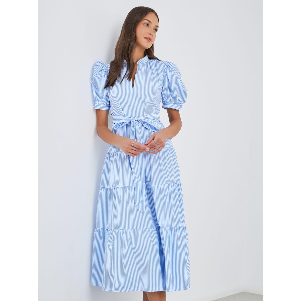 فستان ميدي مخطط بأكمام منفوخة وحزام-women-clothing-dresses-image-1