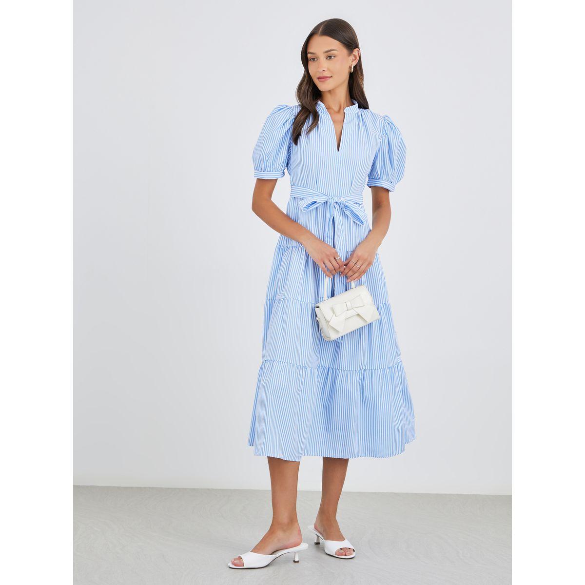 فستان ميدي مخطط بأكمام منفوخة وحزام-women-clothing-dresses-image-2