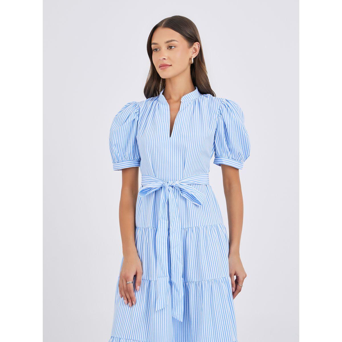 فستان ميدي مخطط بأكمام منفوخة وحزام-women-clothing-dresses-image-3