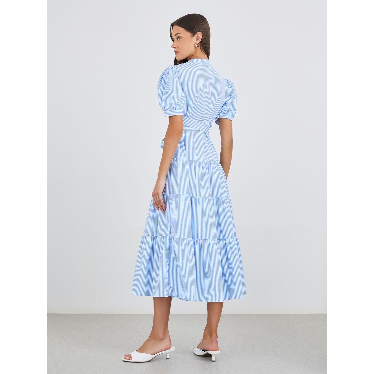 Styli Striped Puff Sleeves Tiered Midi Dress with Self-Tie Belt-women-clothing-dresses-image-5