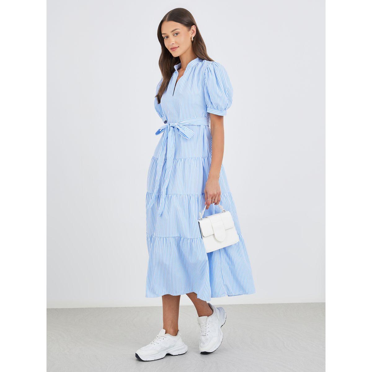فستان ميدي مخطط بأكمام منفوخة وحزام-women-clothing-dresses-image-6