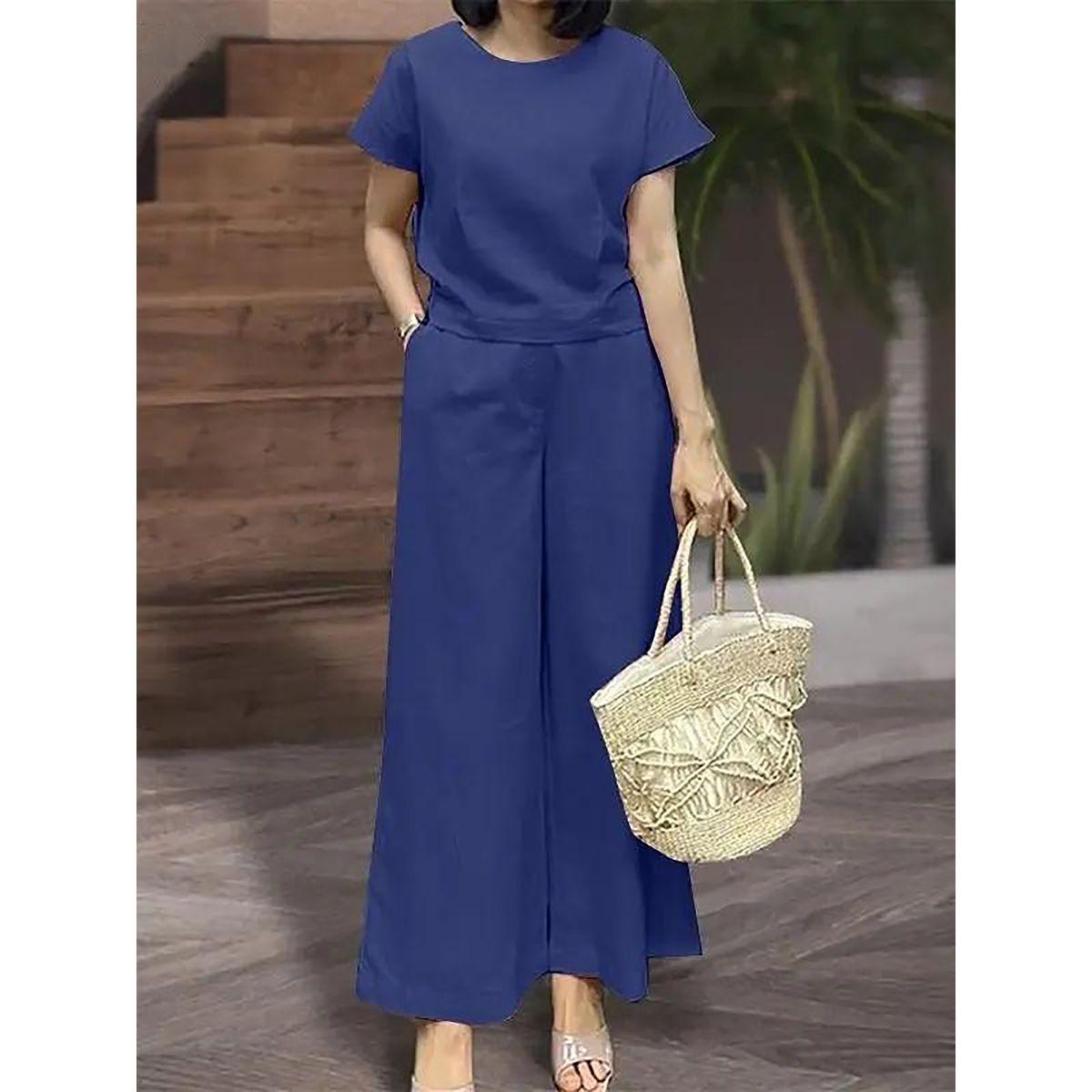 طقم منسق من بنطال بأرجل واسعة وبلوزة بأكمام قصيرة-women-clothing-coordsets-image-1
