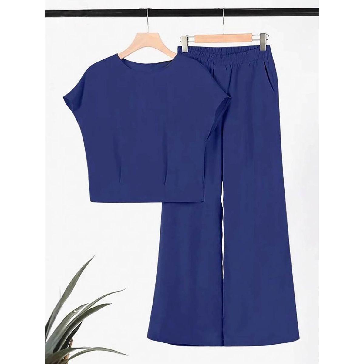 Styli Solid Short Sleeve Top and Wide Leg Pants Co-Ords-women-clothing-coordsets-image-3