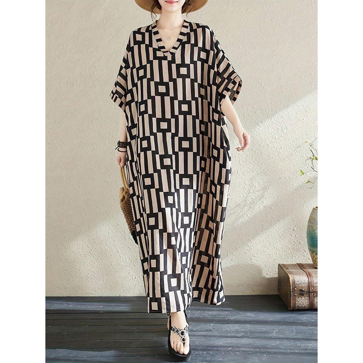 Styli Women Geometric Print V Neck Short Sleeve Kaftan-women-arabicclothing-kaftan-image-1