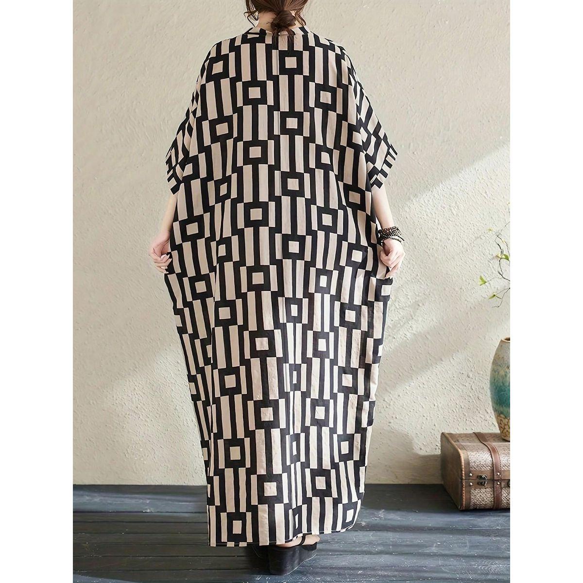 Styli Women Geometric Print V Neck Short Sleeve Kaftan-women-arabicclothing-kaftan-image-2