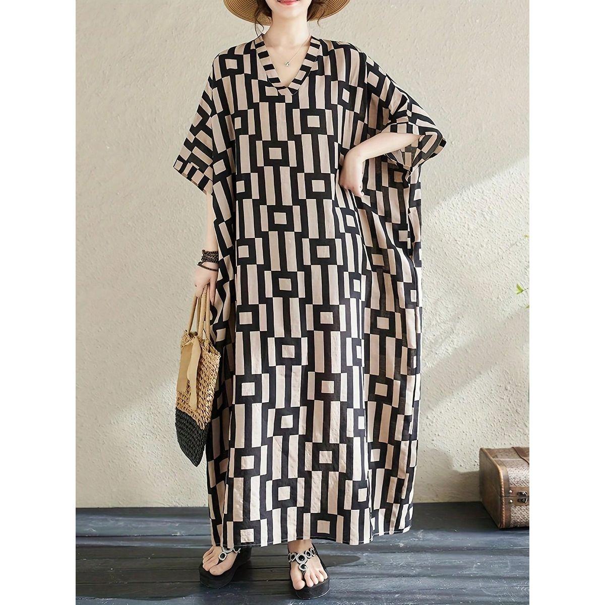 Styli Women Geometric Print V Neck Short Sleeve Kaftan-women-arabicclothing-kaftan-image-4