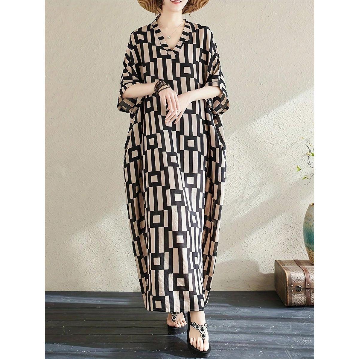 Styli Women Geometric Print V Neck Short Sleeve Kaftan-women-arabicclothing-kaftan-image-5