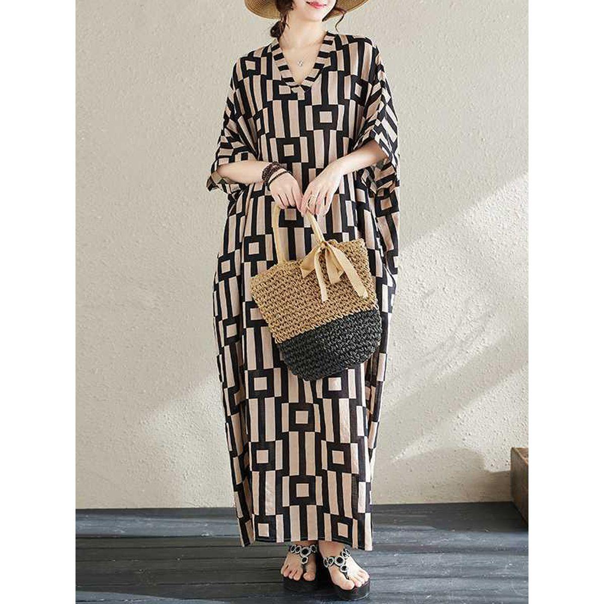 Styli Women Geometric Print V Neck Short Sleeve Kaftan-women-arabicclothing-kaftan-image-7