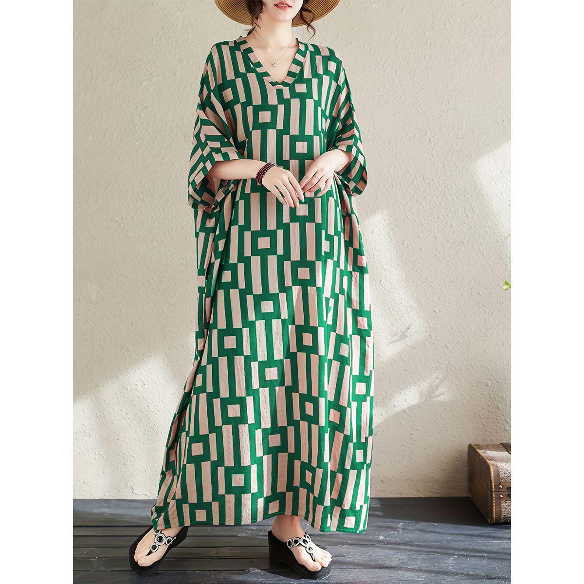 قفطان بطبعة هندسية وأكمام قصيرة-women-arabicclothing-kaftan-image-1