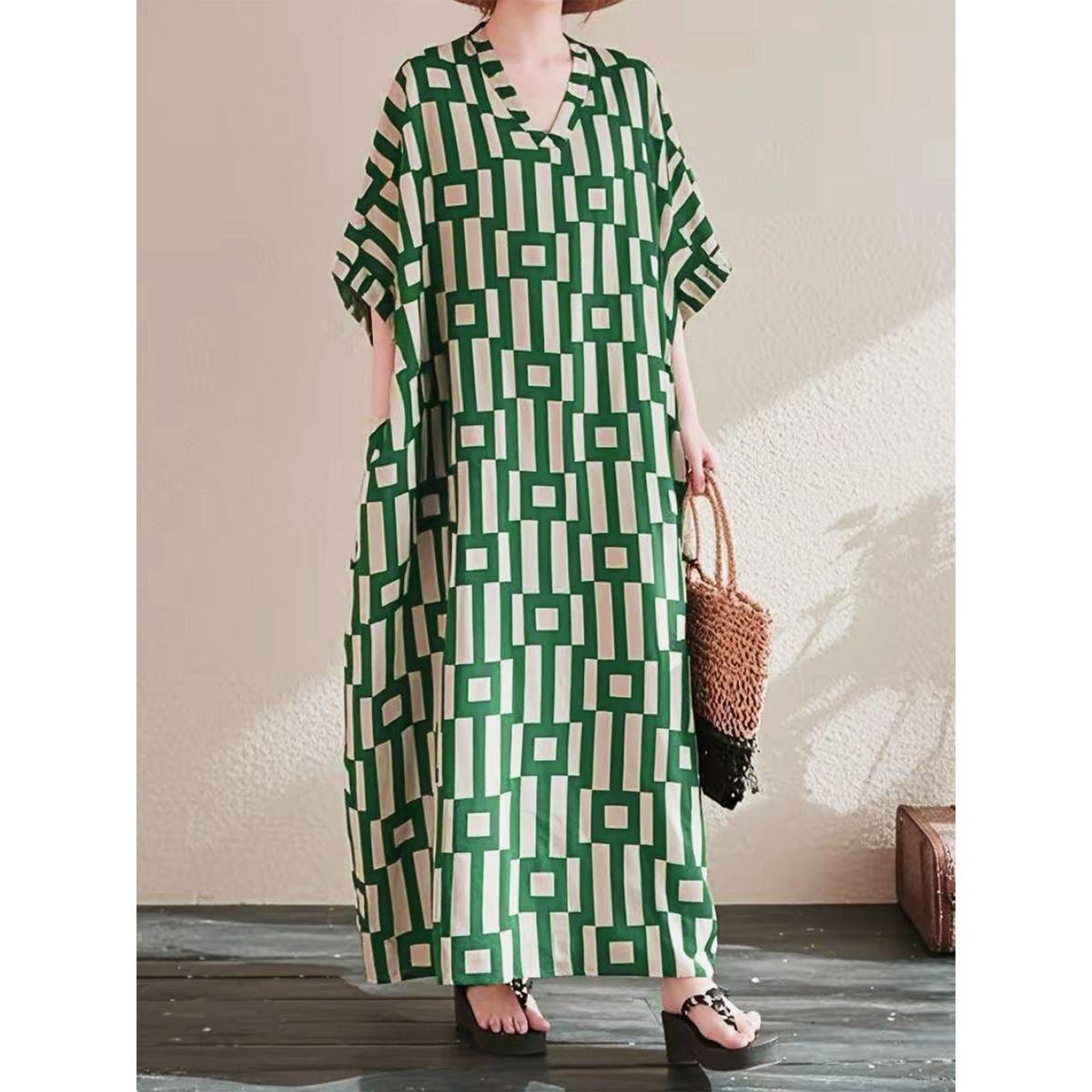 قفطان بطبعة هندسية وأكمام قصيرة-women-arabicclothing-kaftan-image-4