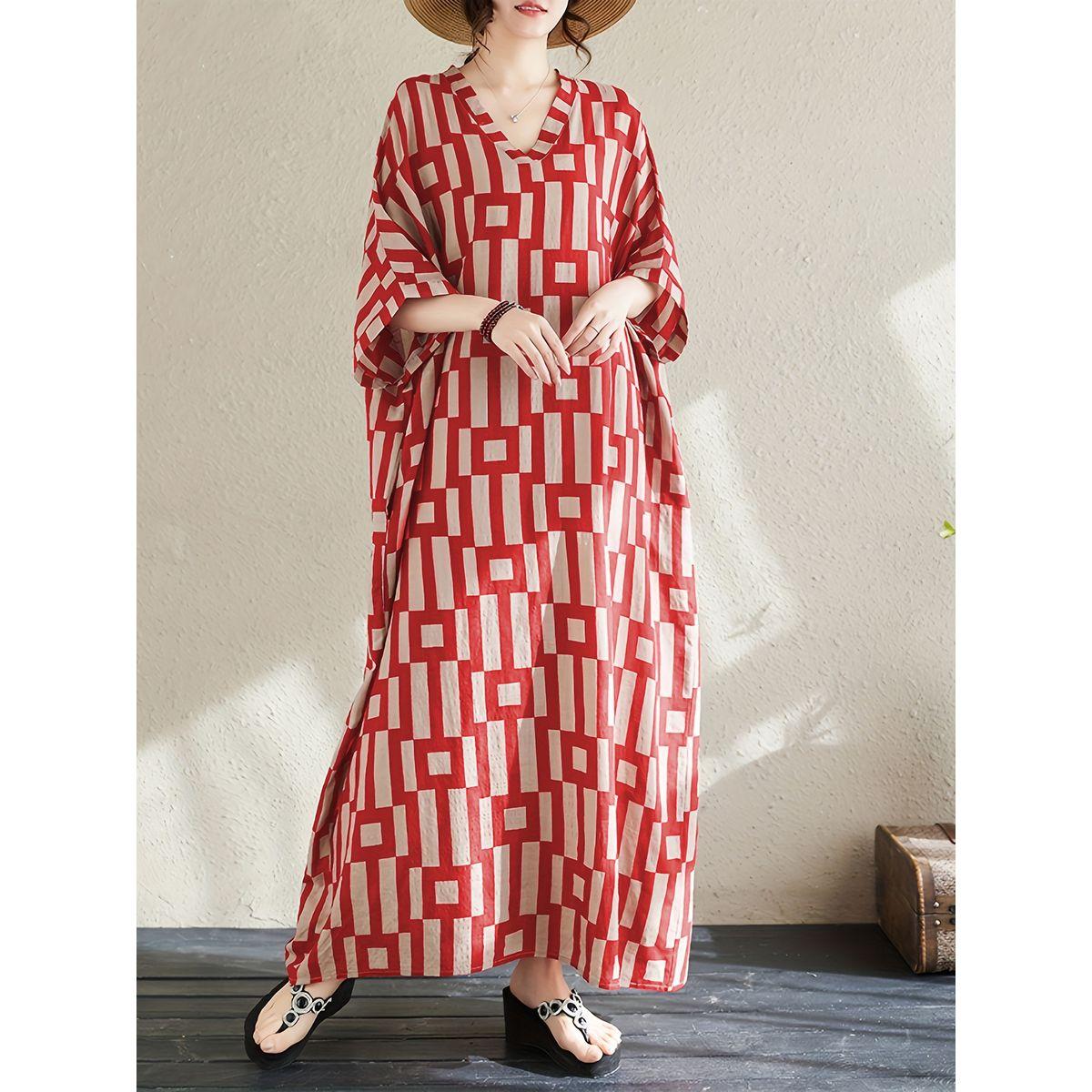 قفطان بطبعة هندسية وأكمام قصيرة-women-arabicclothing-kaftan-image-1