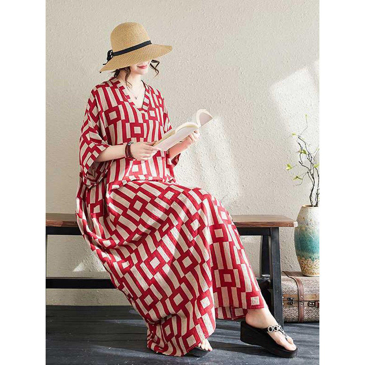 قفطان بطبعة هندسية وأكمام قصيرة-women-arabicclothing-kaftan-image-3