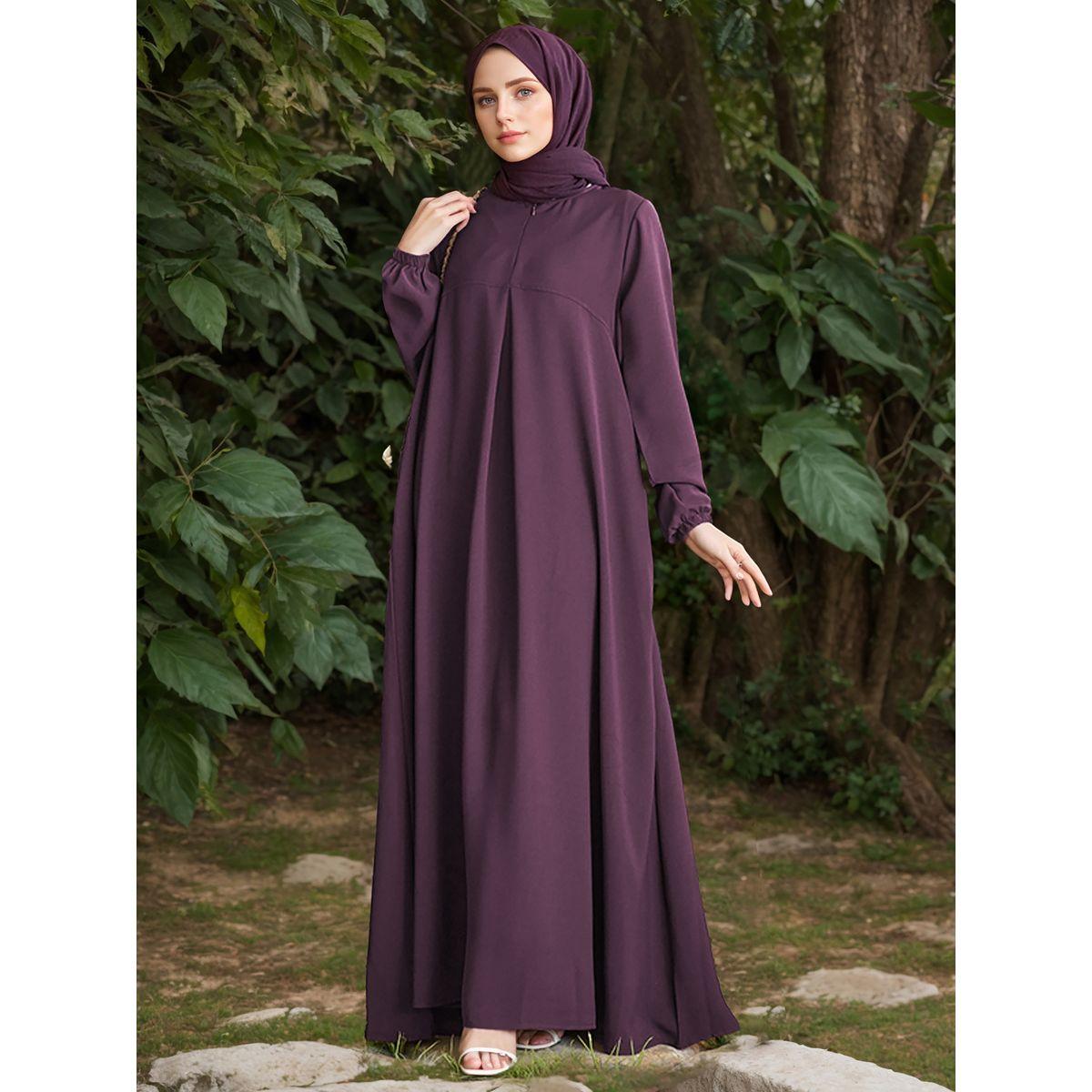 Styli Women Solid Cuffed Sleeves Jalabiya with Zip Front-women-arabicclothing-jalabiyas-image-1