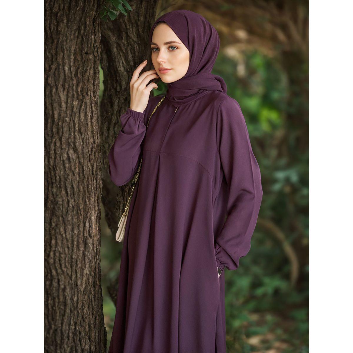 Styli Women Solid Cuffed Sleeves Jalabiya with Zip Front-women-arabicclothing-jalabiyas-image-5