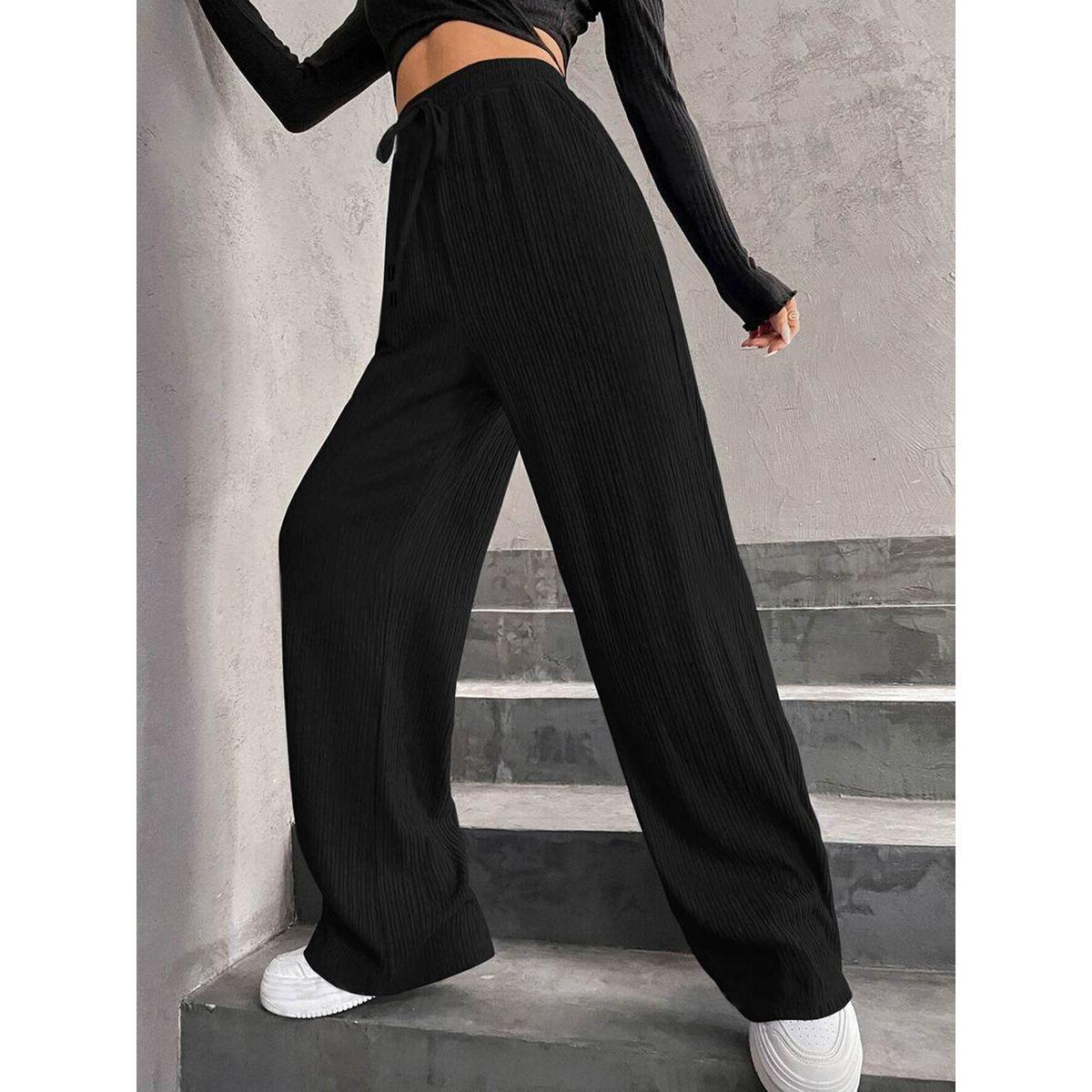 Styli Women Black Textured Drawstring Waist Wide Leg Pants-women-clothing-bottoms-joggers-image-4