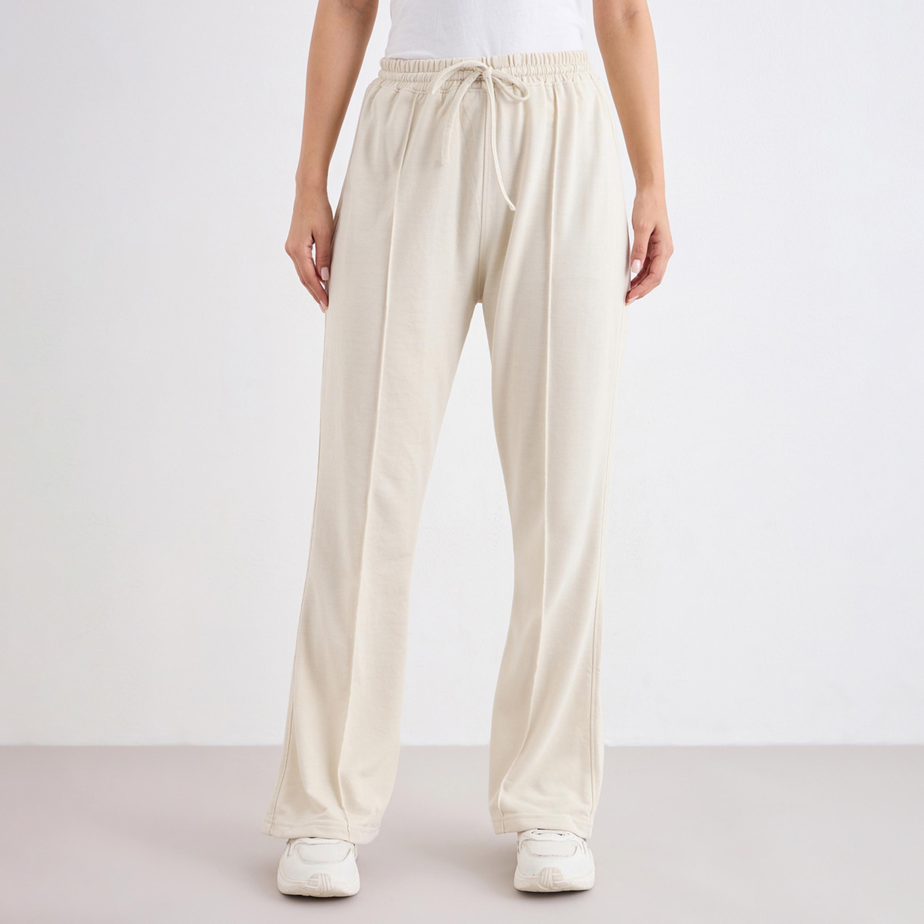 ستايلي - بنطال رياضي كريمي واسع الساق مع تفاصيل ثنية-women-clothing-bottoms-joggers-image-1