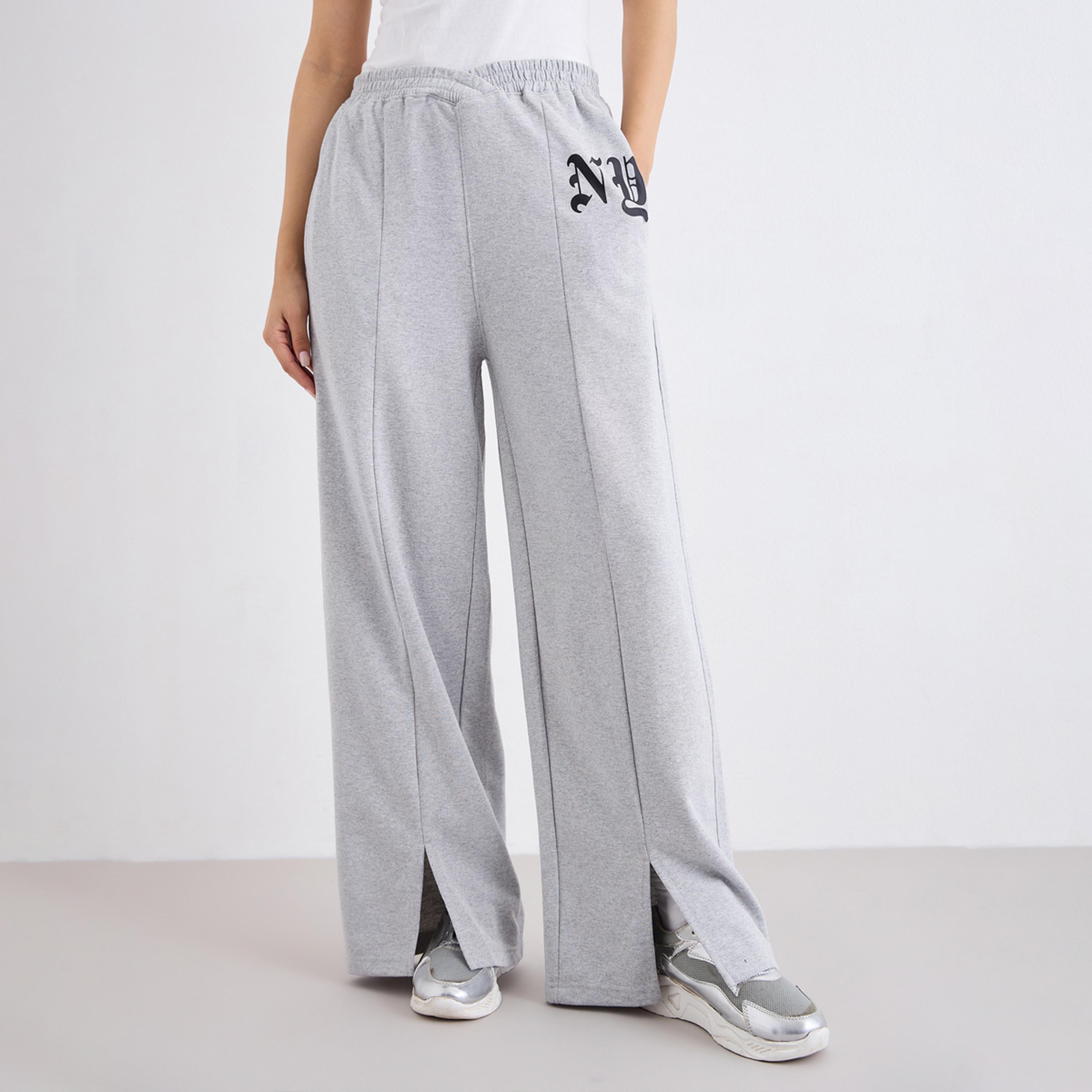 Styli Wide-Leg Joggers with NY Print and Front Split Hem-women-clothing-bottoms-joggers-image-1