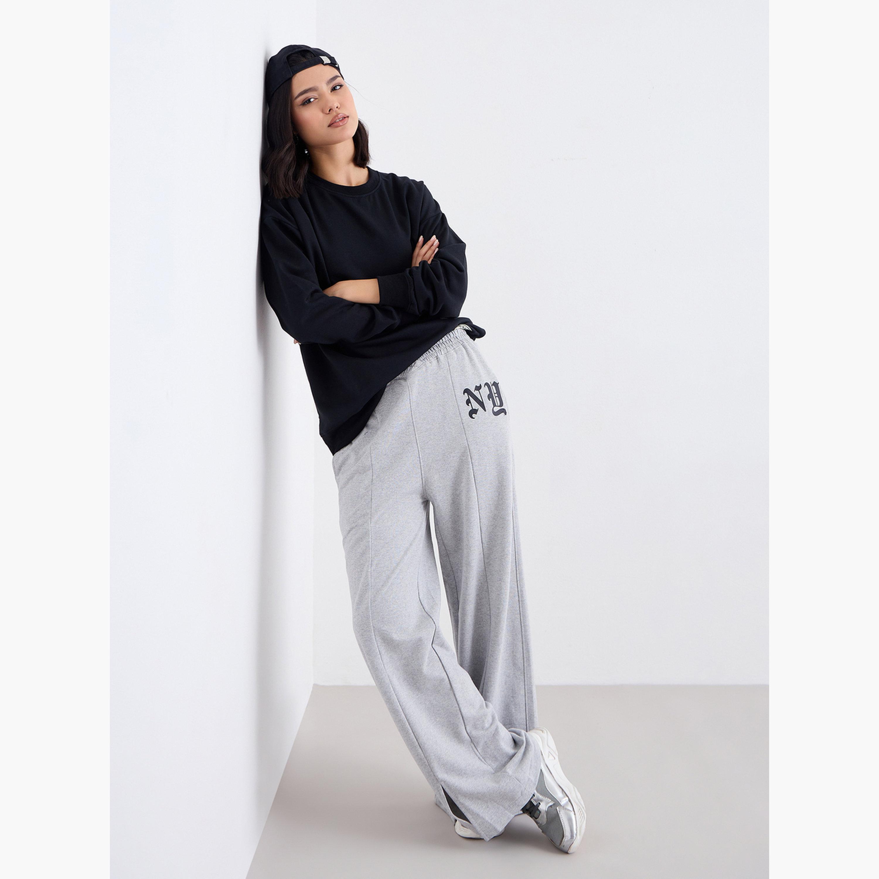 Styli Wide-Leg Joggers with NY Print and Front Split Hem-women-clothing-bottoms-joggers-image-3