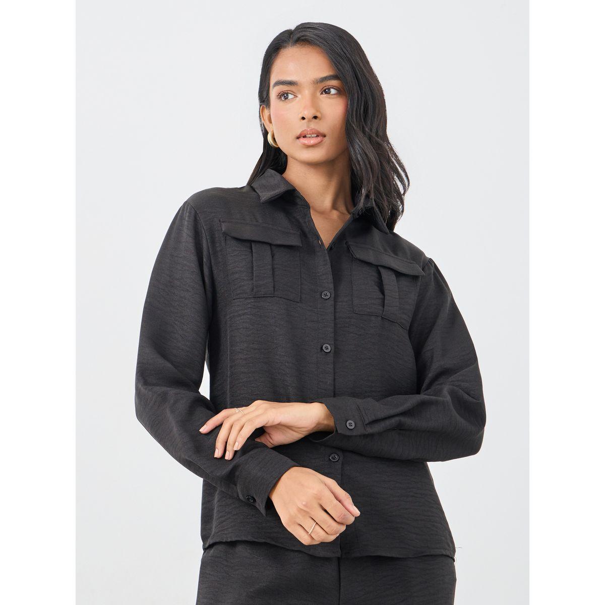 طقم منسق من بنطال وقميص بجيب على الصدر-women-clothing-coordsets-image-2