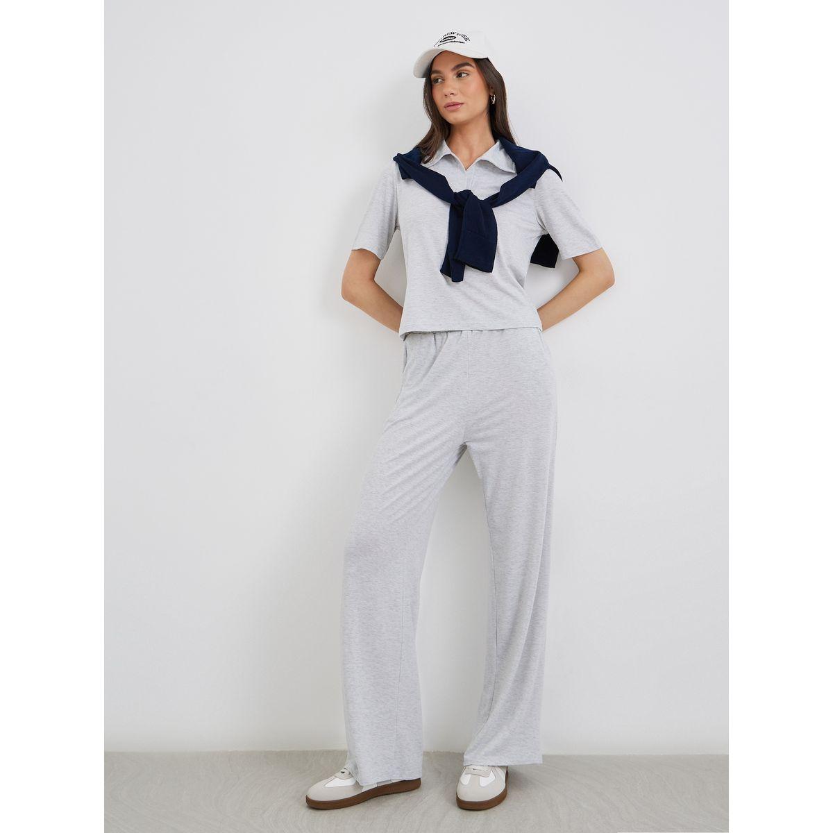 Styli Solid Polo T-Shirt and Loose Fit Pants Co-Ords-women-clothing-coordsets-image-1