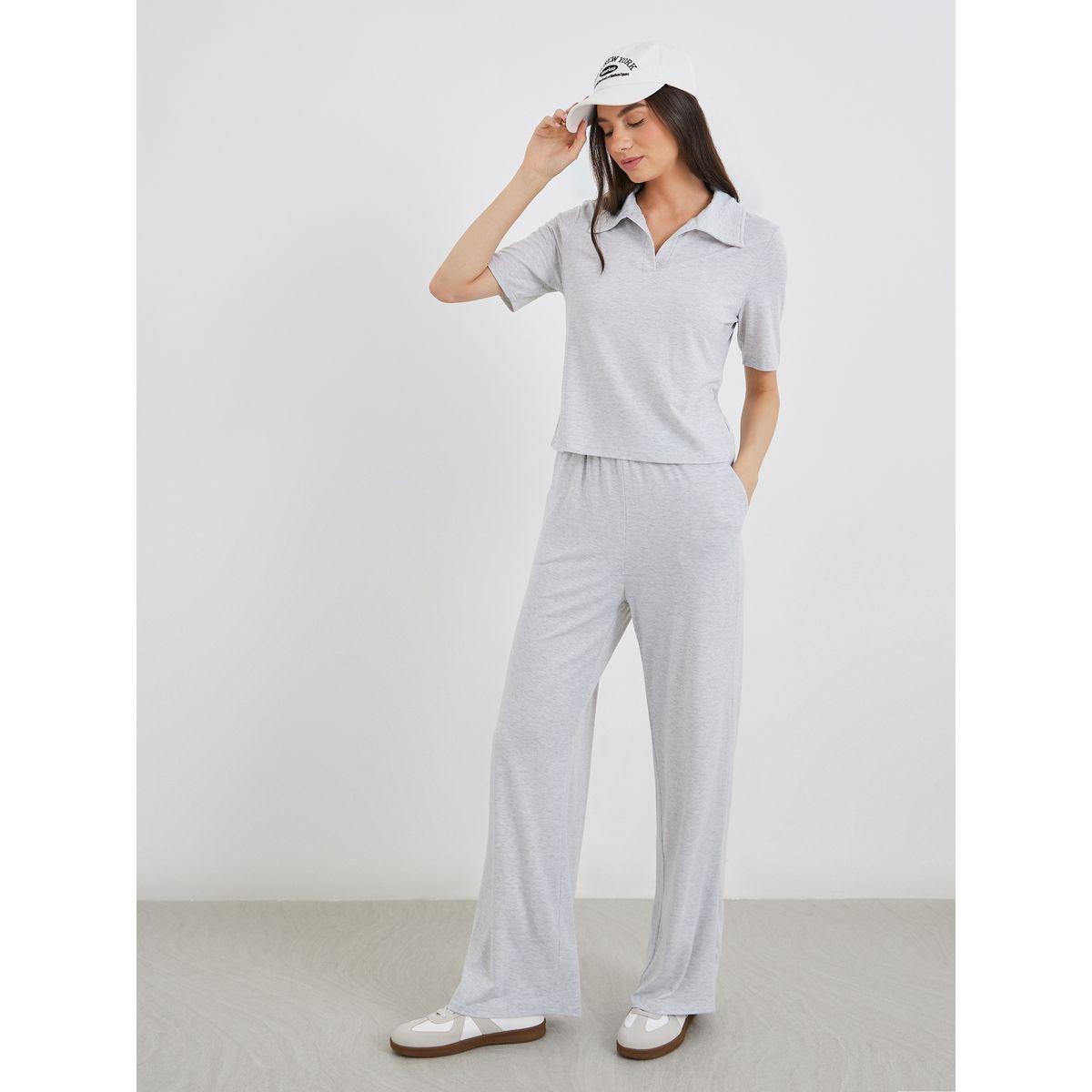 Styli Solid Polo T-Shirt and Loose Fit Pants Co-Ords-women-clothing-coordsets-image-2