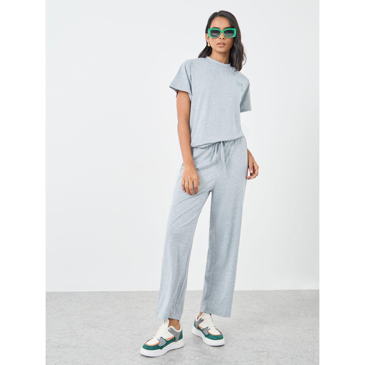 Styli Grey Slogan Print T-Shirt and Pants Co-Ords-women-clothing-coordsets-image-2