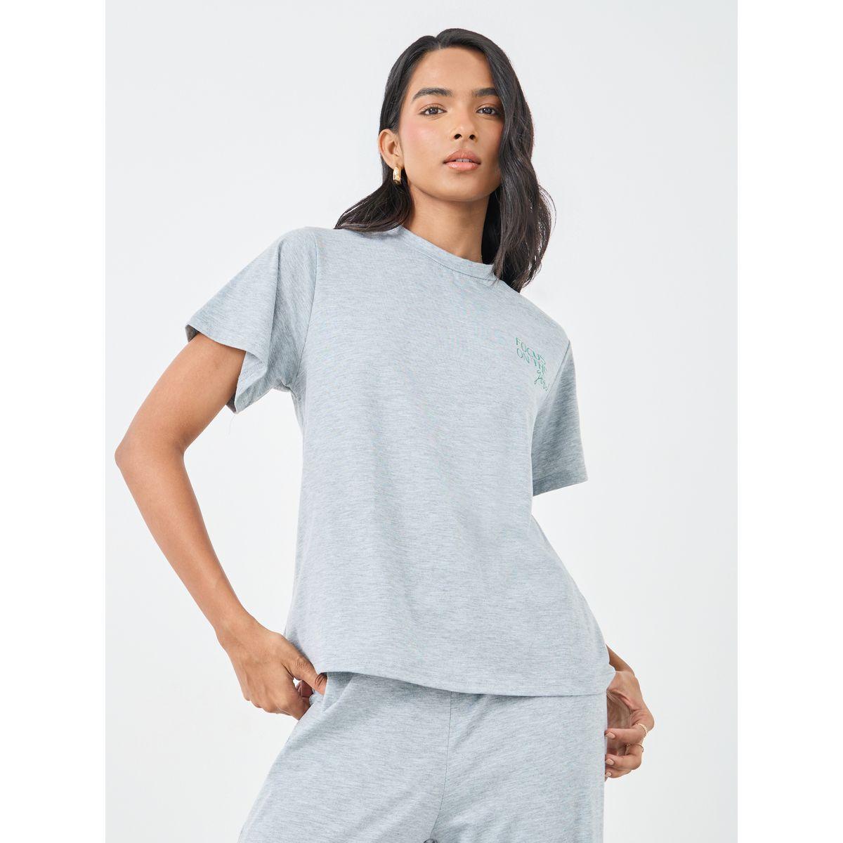 Styli Grey Slogan Print T-Shirt and Pants Co-Ords-women-clothing-coordsets-image-3