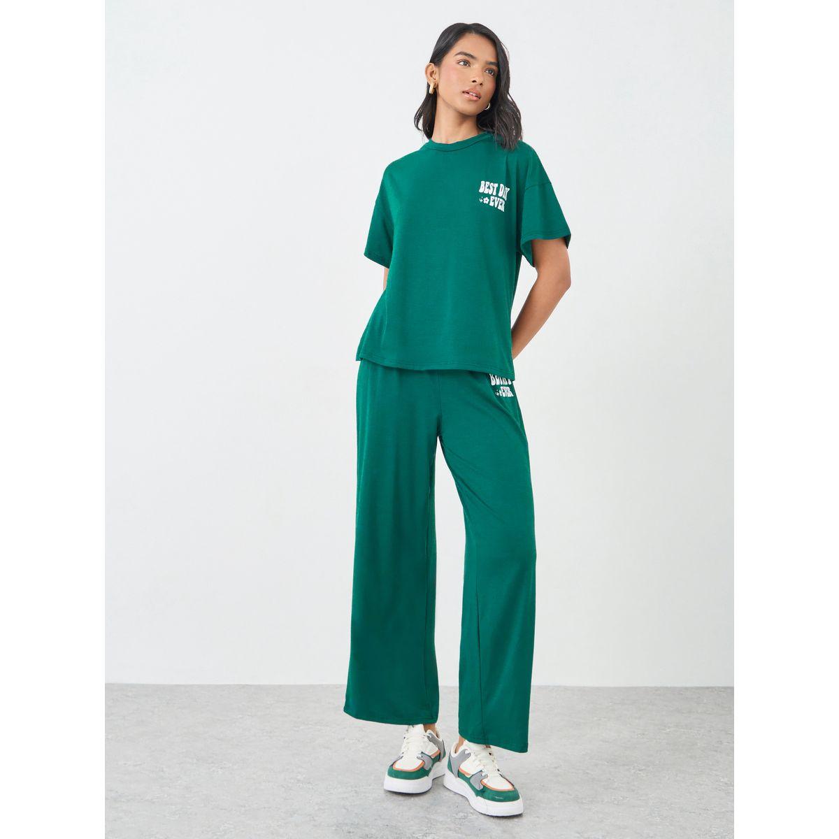 Styli Slogan Print T-Shirt and Wide Leg Pants Co-Ords-women-clothing-coordsets-image-1