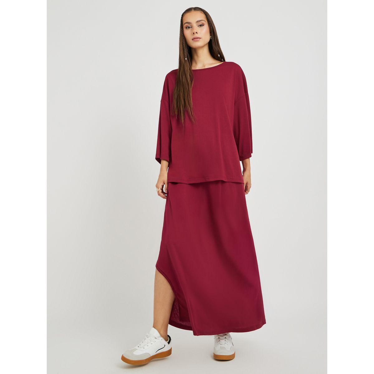 Styli Solid Long Sleeve Top and Side Slit Midi Skirt Co-Ords-women-clothing-coordsets-image-1