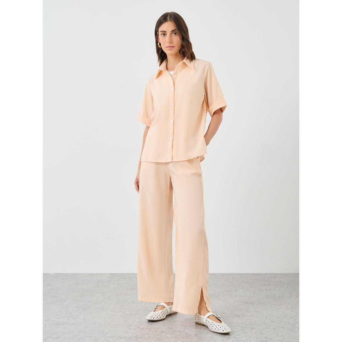 Styli Solid Collared Shirt and Wide Leg Pants Co-Ords-women-clothing-coordsets-image-2