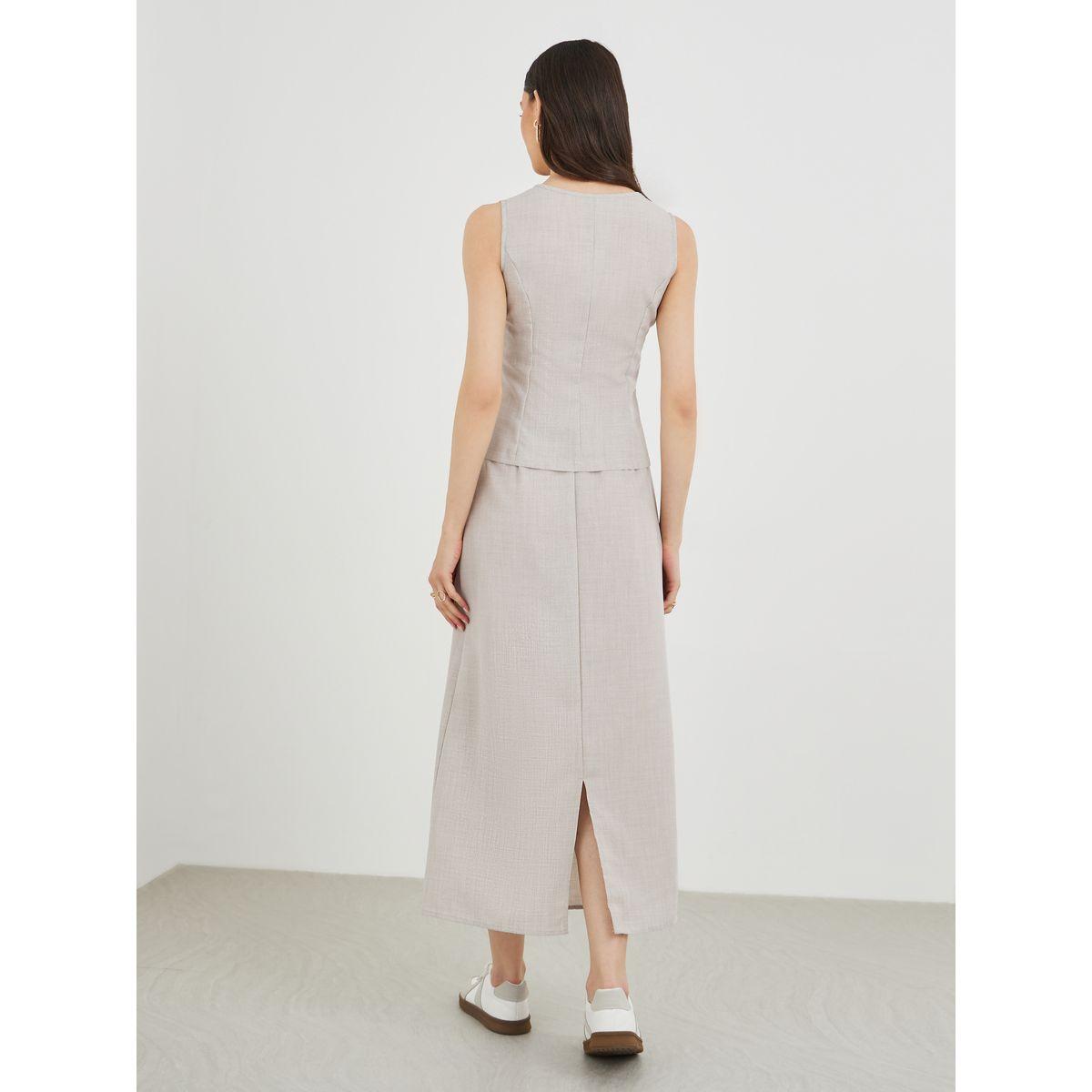 طقم منسق من تنورة ميدي وبلوزة سادة بأزرار امامية-women-clothing-coordsets-image-2