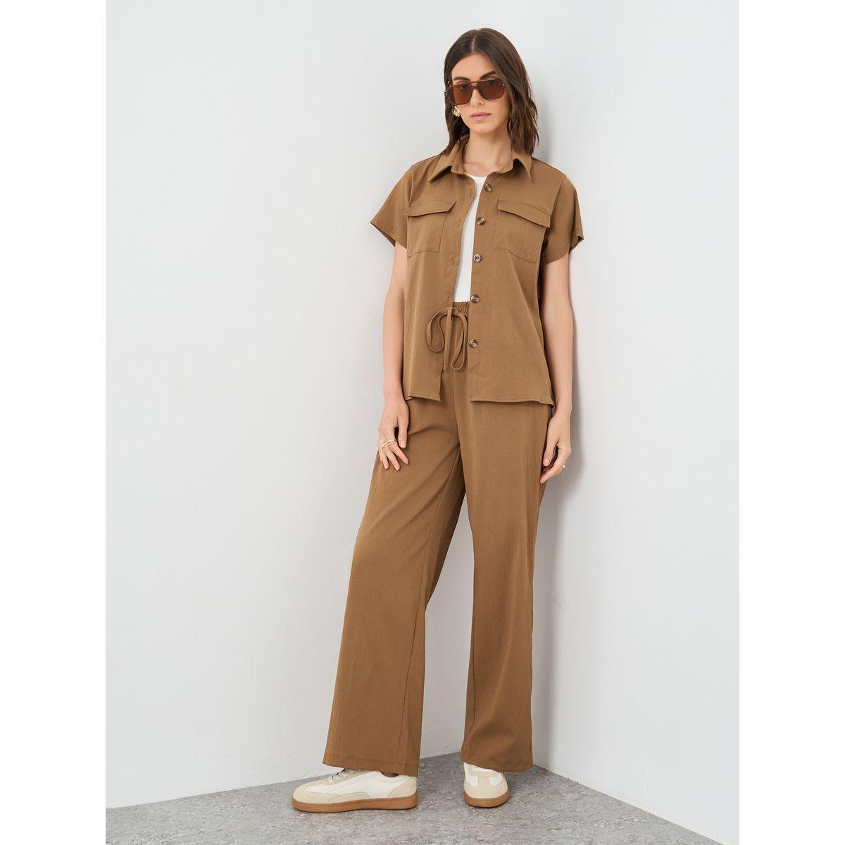 Styli Brown Solid Shirt and Wide Leg Pants Co-Ords-women-clothing-coordsets-image-1