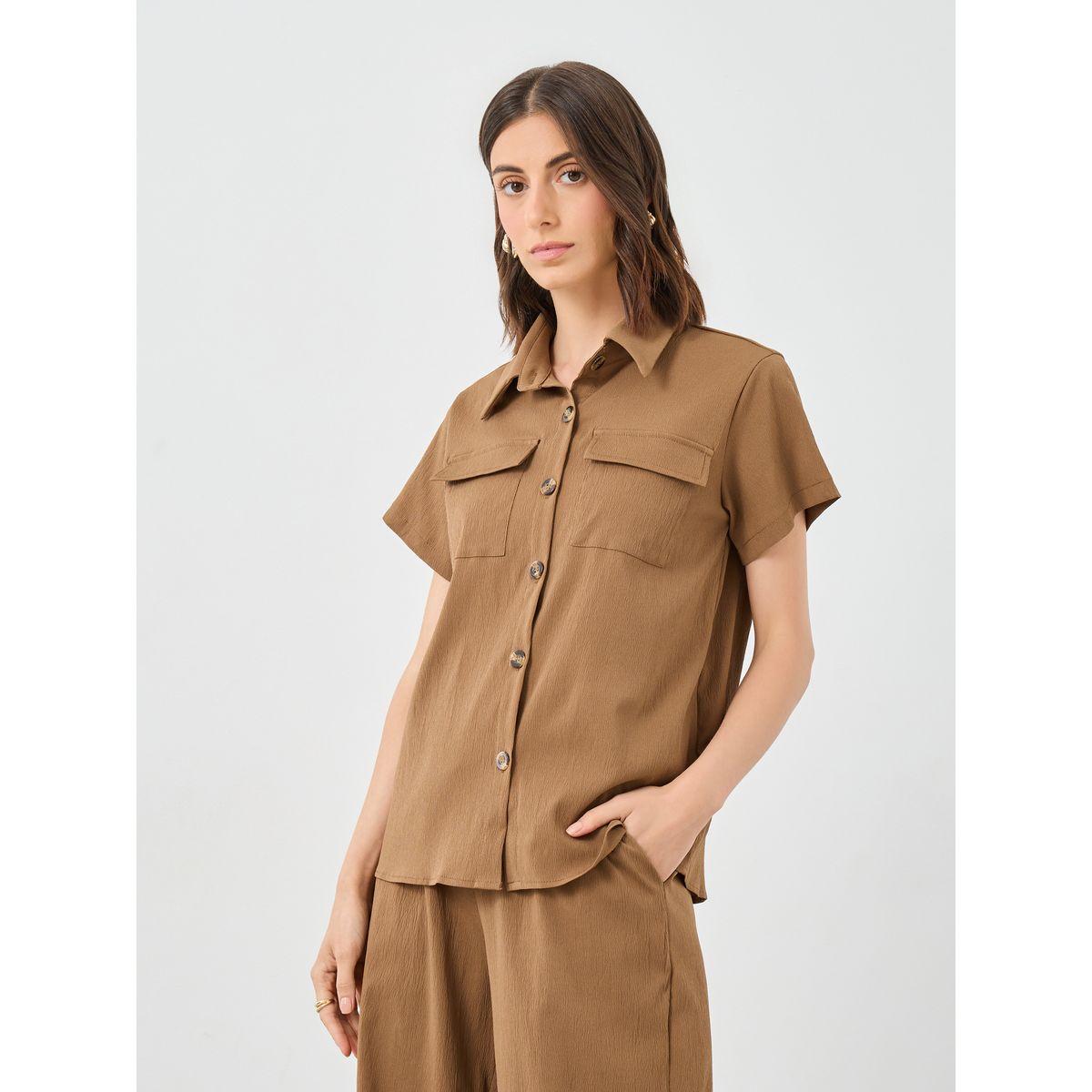 Styli Brown Solid Shirt and Wide Leg Pants Co-Ords-women-clothing-coordsets-image-3