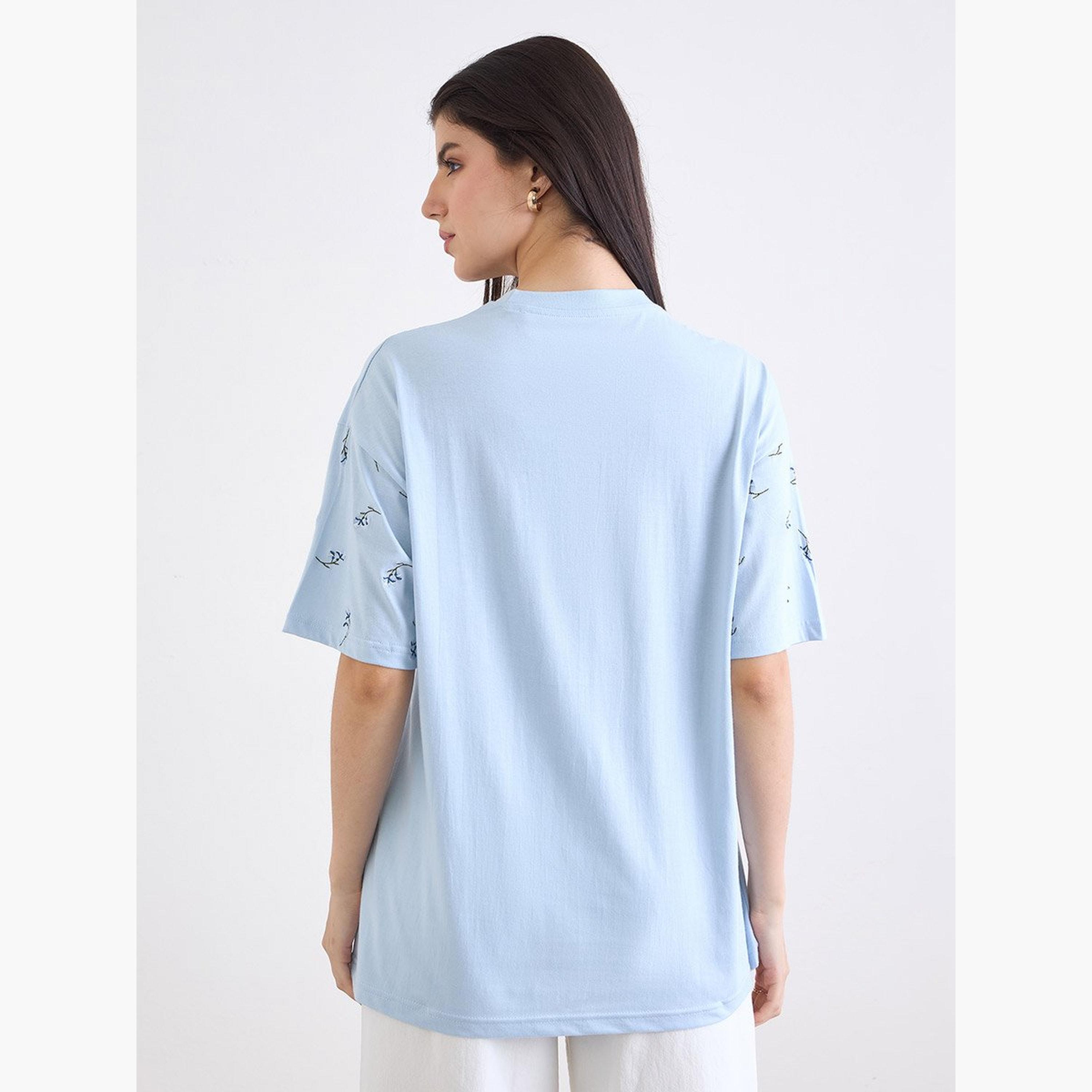 ستايلي - تي شيرت أزرق مطرز بالزهور مقاس كبير-women-clothing-tshirts-image-5