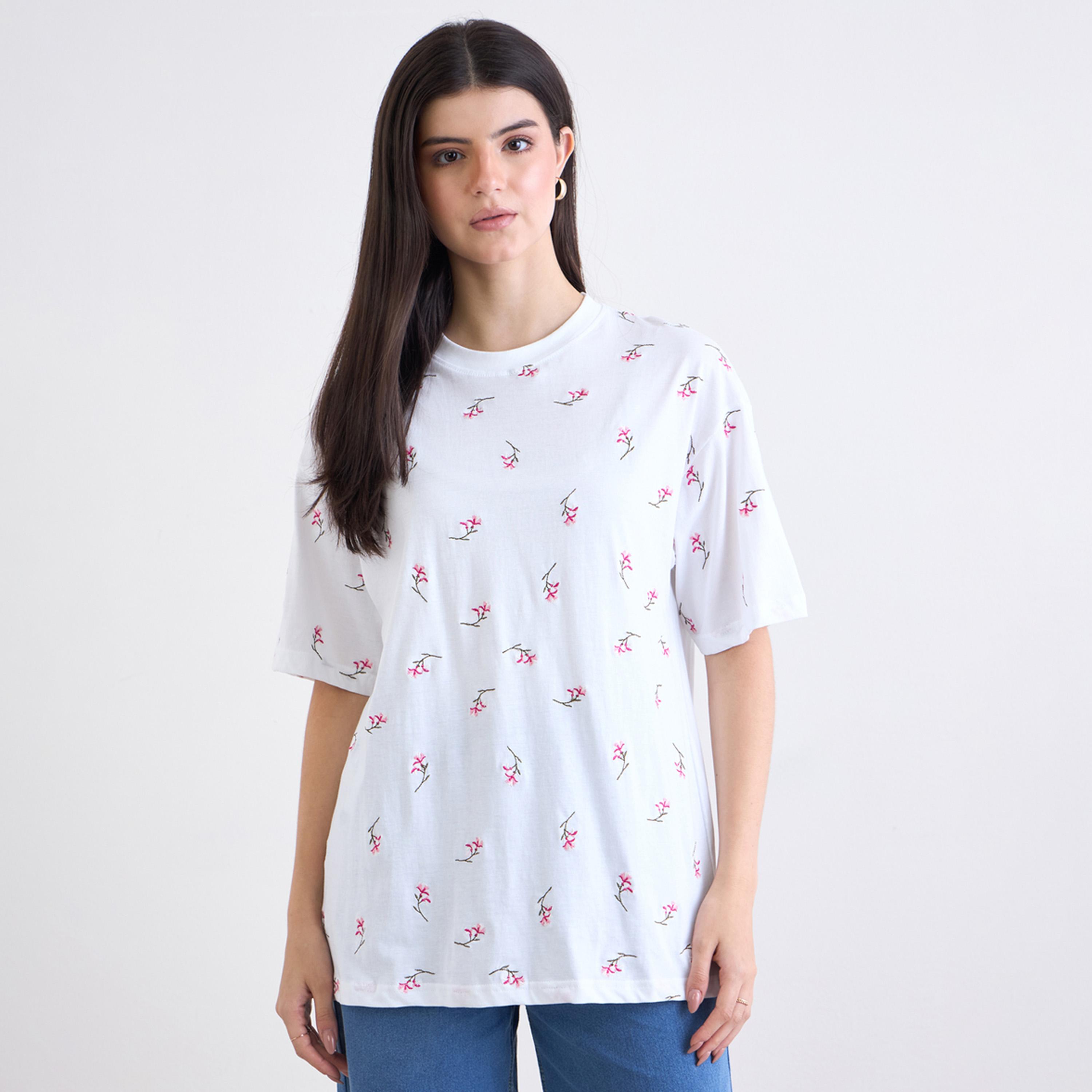 Styli White Embroidered Floral Oversized T-Shirt-women-clothing-tshirts-image-1