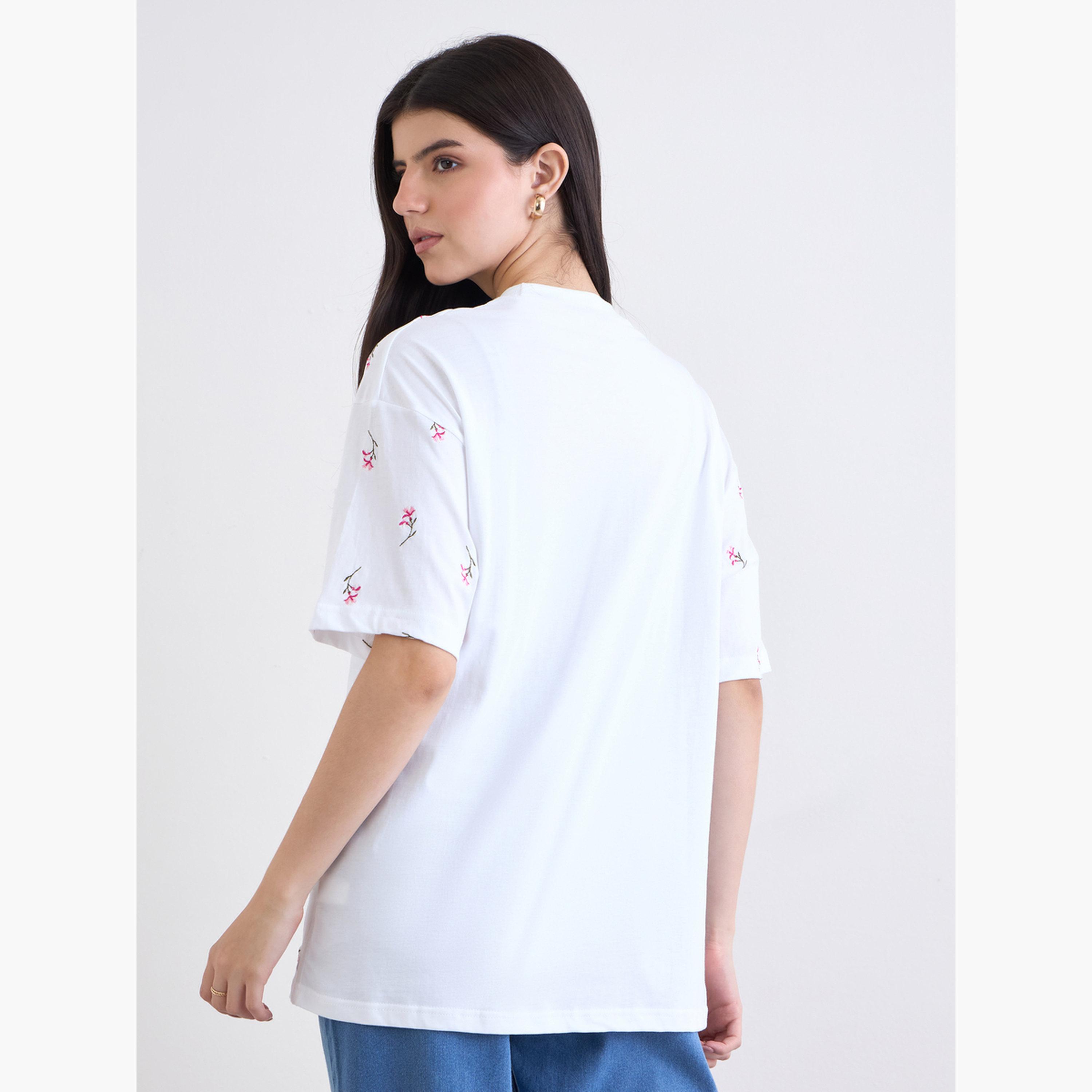 Styli White Embroidered Floral Oversized T-Shirt-women-clothing-tshirts-image-5