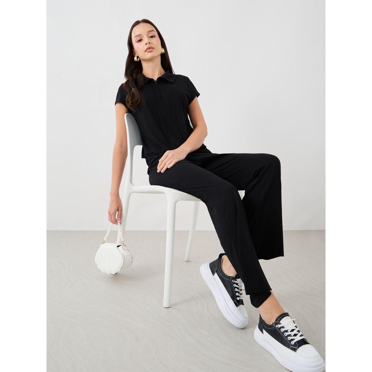 Styli Solid Short Sleeve Top and Flared Pants Co-Ords-women-clothing-coordsets-image-1