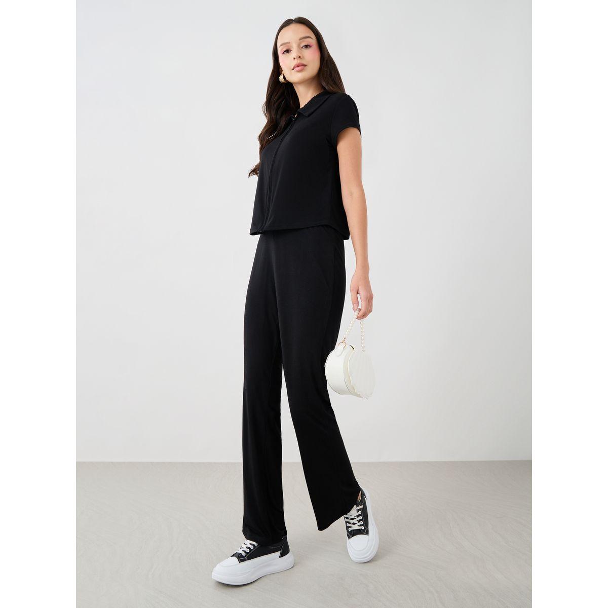 Styli Solid Short Sleeve Top and Flared Pants Co-Ords-women-clothing-coordsets-image-2