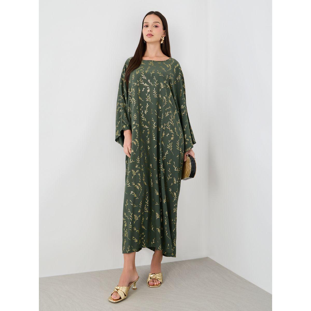 Styli Foil Printed Batwing Sleeve Kaftan-women-arabicclothing-kaftan-image-1