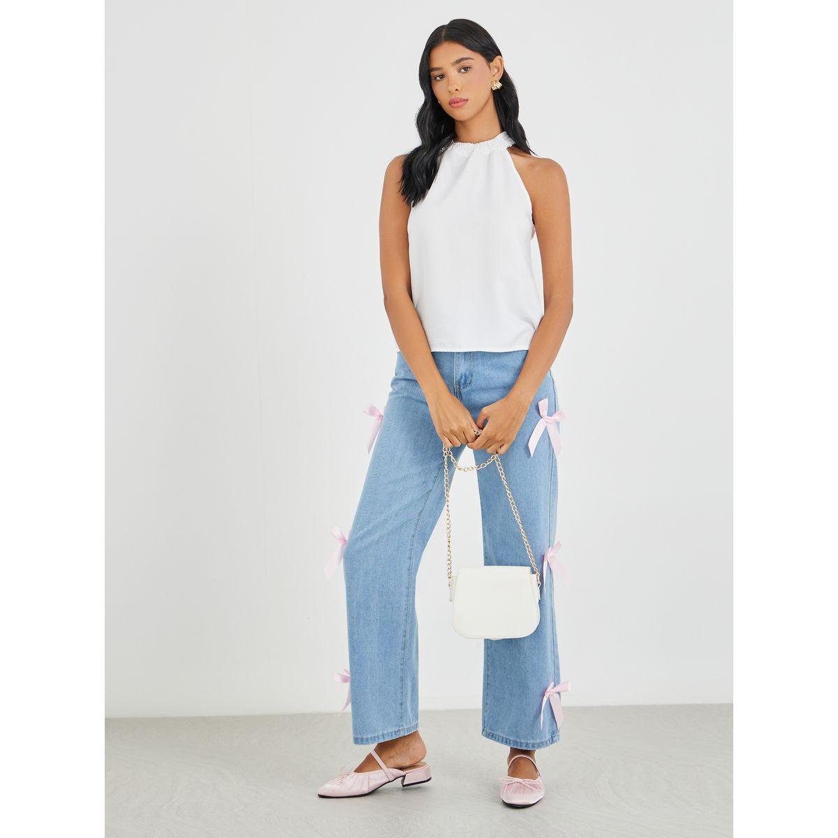 بلوزة كامي سادة بياقة هولتر-women-clothing-tshirts-image-2