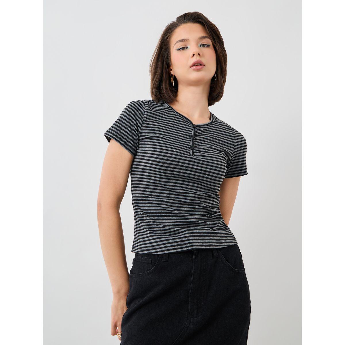 Styli Striped Short Sleeve Top with Button Detail-women-clothing-tshirts-image-2