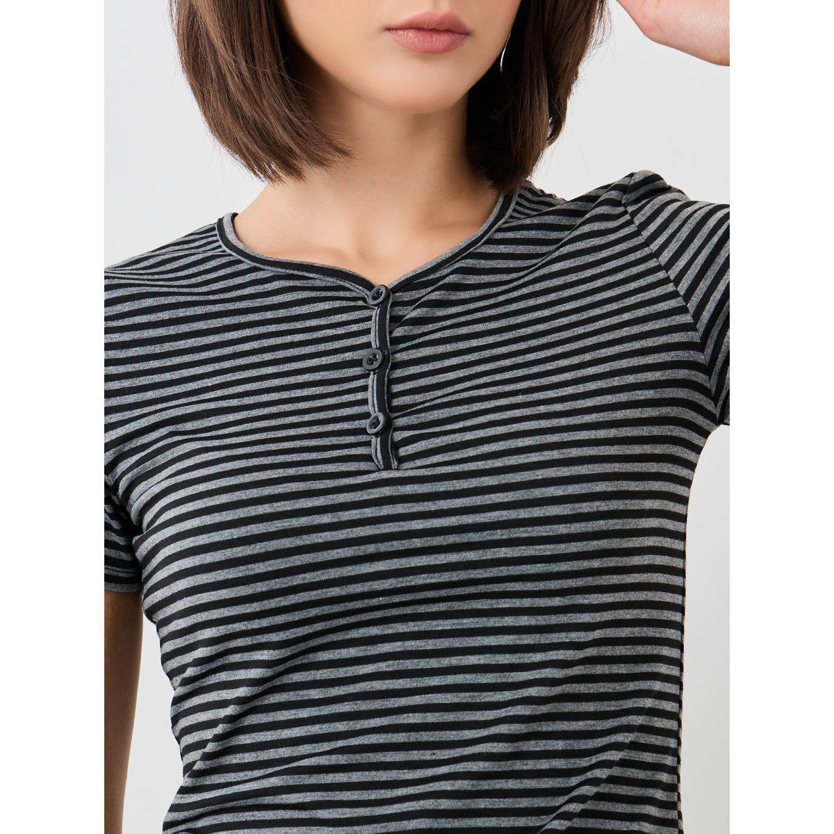 Styli Striped Short Sleeve Top with Button Detail-women-clothing-tshirts-image-4